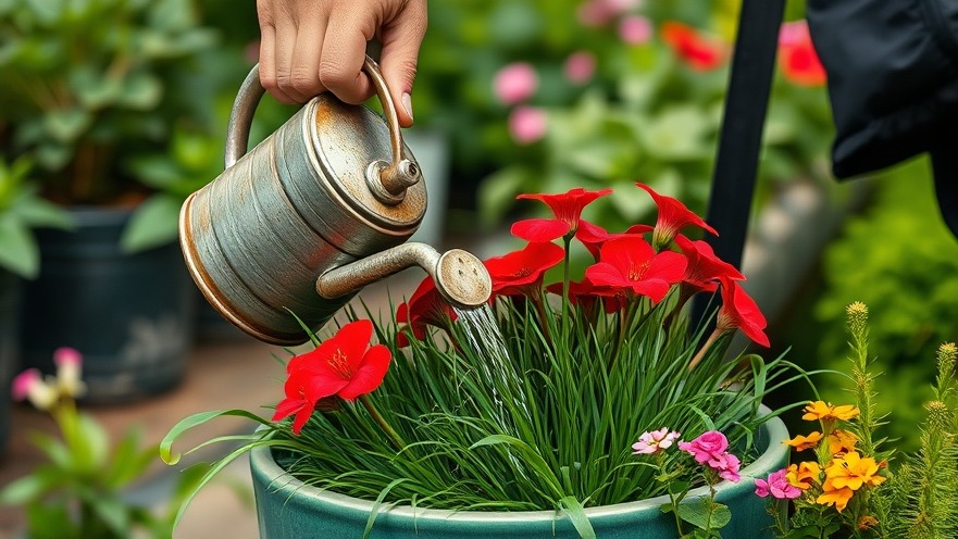 Person watering vibrant red flowers in eco-friendly gardening for sustainable home design.