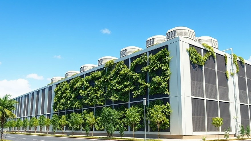 Sustainable modern data center facility featuring eco-friendly green walls and clean energy-efficient architecture.