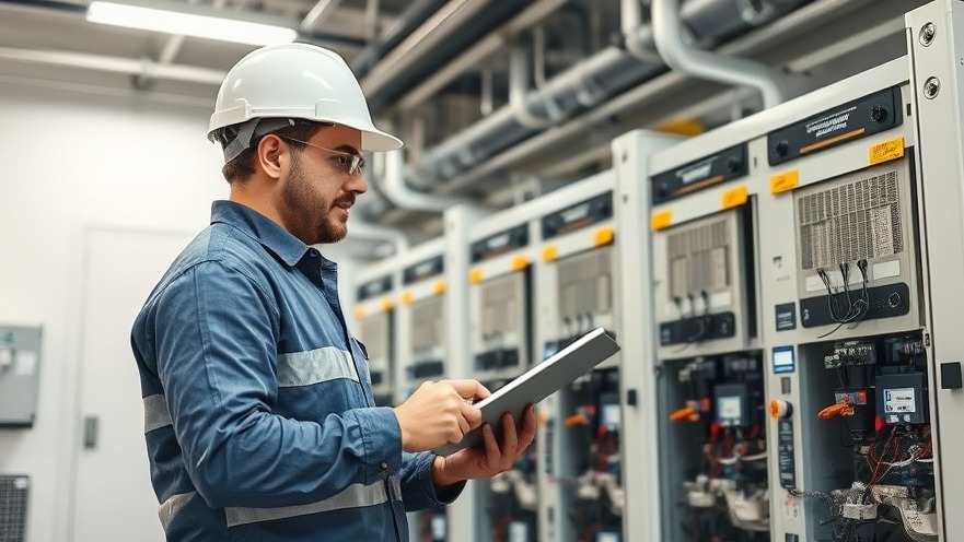 Commercial facility engineer inspecting a multi-megawatt aqueous zinc flow battery installation to monitor electrolyte circulation and preventative maintenance metrics.