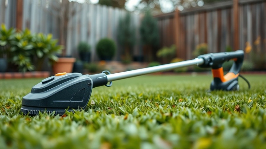 Photorealistic sleek electric grass trimmer for sustainable home design in a backyard.