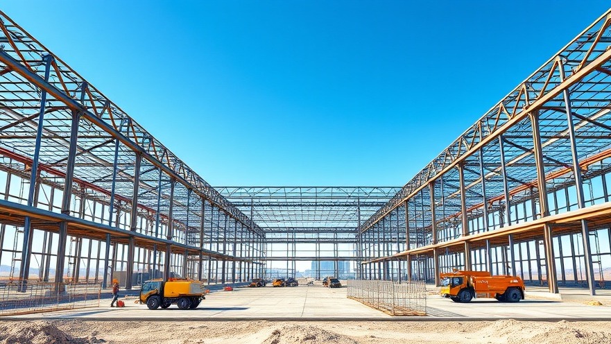 A large-scale commercial data center construction site with steel structural framing under a bright sky.