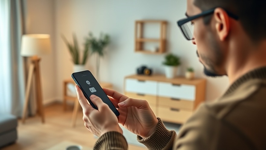 Focused individual in a sustainable home design using a smartphone to manage eco-friendly technology.