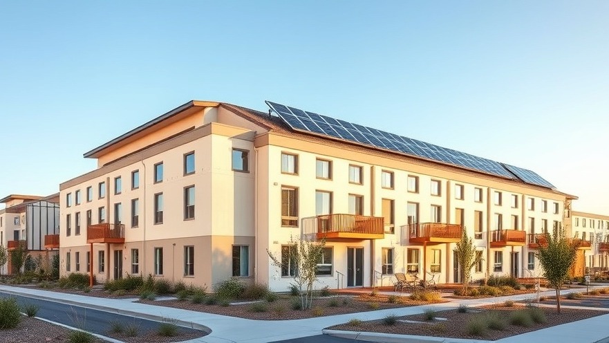 A modern energy-efficient affordable housing facility showcasing integrated rooftop solar arrays and sustainable building envelope design.