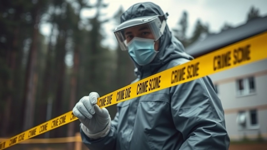 Biohazard cleanup expert in protective gear at a crime scene investigation.
