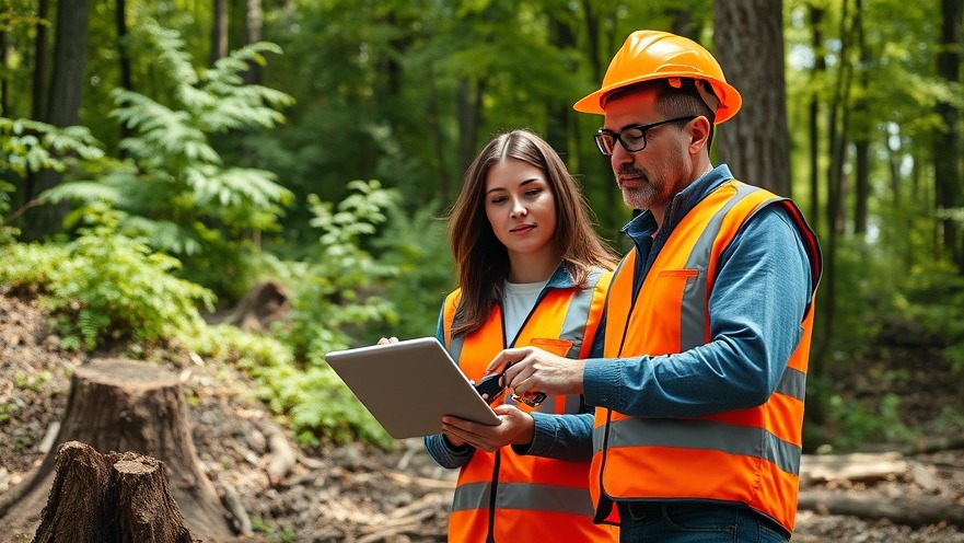 Two individuals assess habitats for eco-friendly building practices in a vibrant forest.