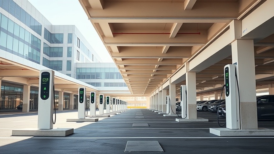 High-tech commercial Level 2 EV charging station pedestals installed in a modern facility parking lot.