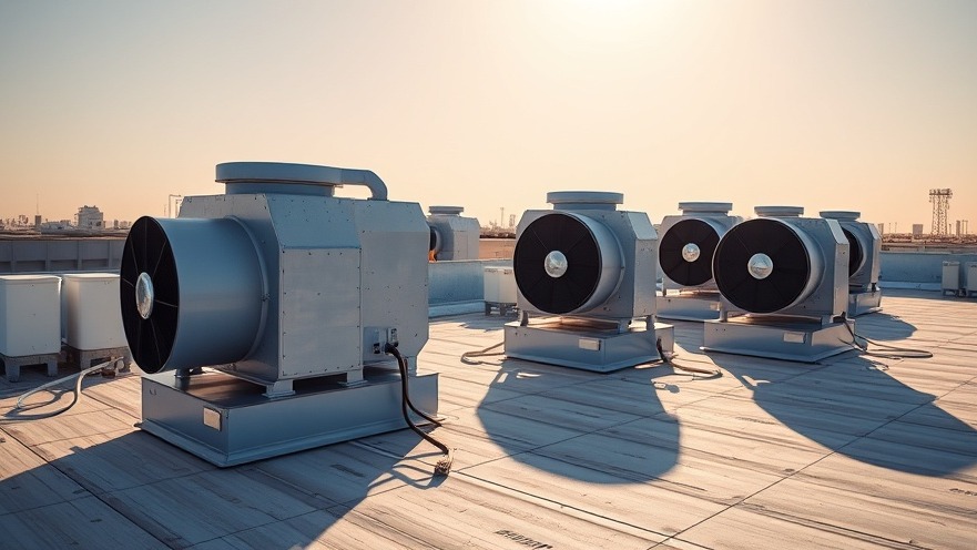 Industrial cooling fans atop a commercial building to prevent thermal pollution.