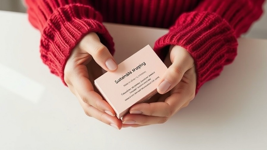 Close-up of hands in a red sweater holding business cards for eco-friendly shopping.