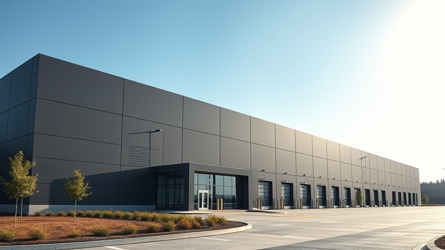 High performance modern commercial industrial warehouse building exterior featuring contemporary architectural panels and sustainable landscaping elements.
