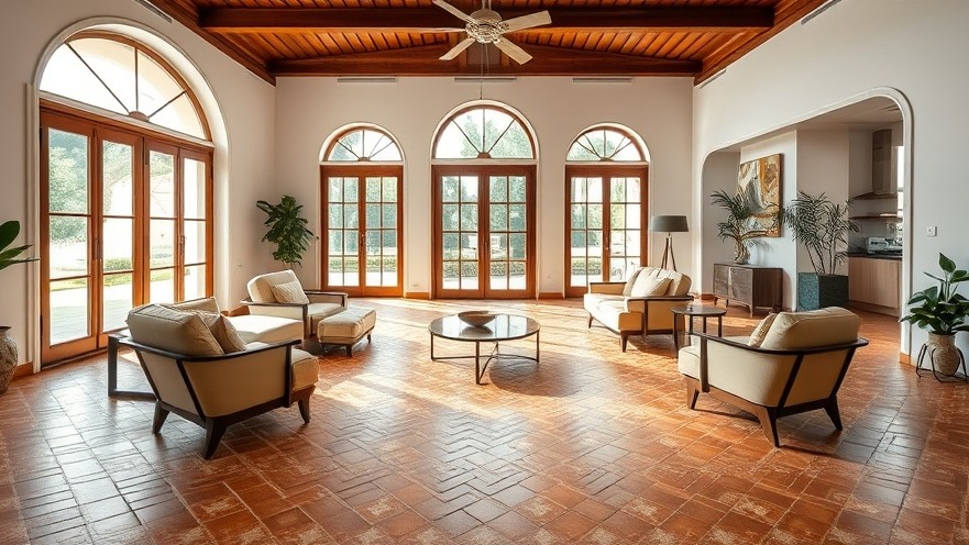 A bright and spacious eco-luxury boutique hotel lounge featuring original historic geometric tile flooring, mid-century furniture, and large double-height windows.