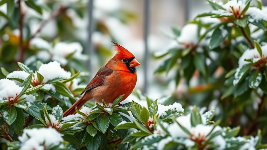Vibrant cardinal perched in snow-covered foliage, ideal for eco-friendly gardening.