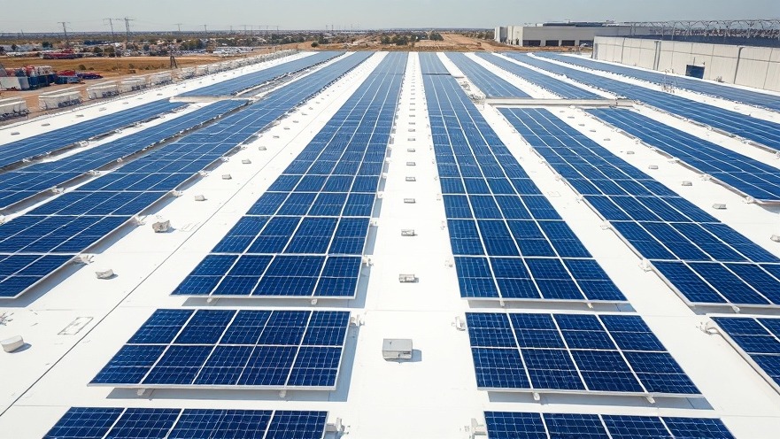 A massive industrial warehouse roof covered completely in neat rows of commercial solar panels under clear daylight.