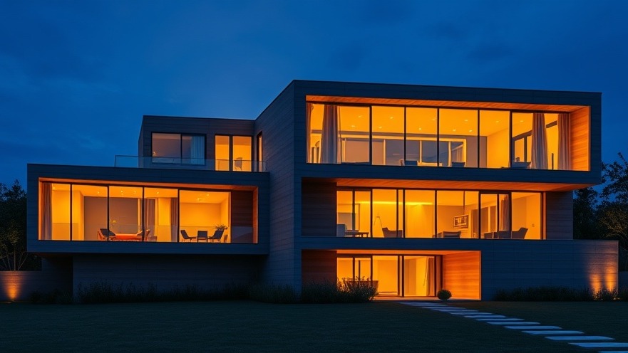 Modern luxury home at dusk showcasing warm and inviting adaptive ambient lighting through large glass windows.