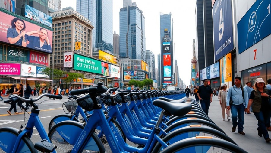 Vibrant urban scene promoting energy efficiency with blue rental bikes and dynamic skyscrapers.