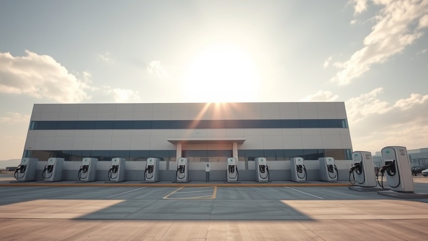 A modern commercial facility equipped with advanced high-voltage EV charging infrastructure under a clear sky.