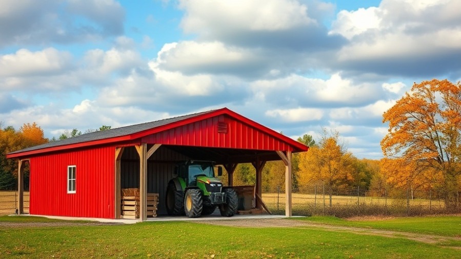 Modern red farmhouse shed emphasizing sustainability strategy, framed by autumn foliage.