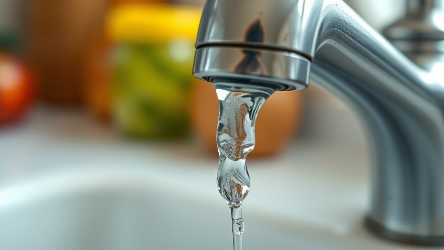 Close-up of a leaky faucet with water droplet, highlighting clogged drains.