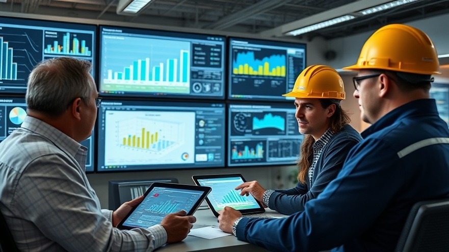 Commercial solar project managers reviewing integrated field service software analytics and data workflows on tablet devices inside a modern control center.