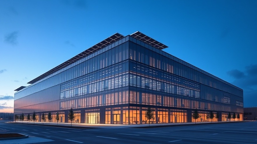 Exterior architectural view of a sustainable modern commercial data center highlighting integrated green building technology and energy-efficient design.