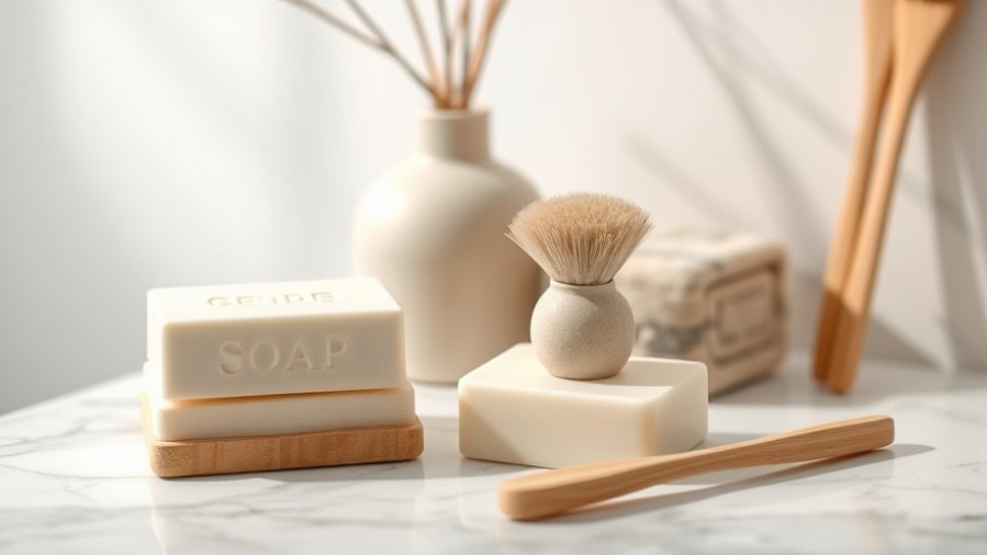 Minimalist bathroom featuring eco-friendly products like wooden toothbrushes and natural brushes.