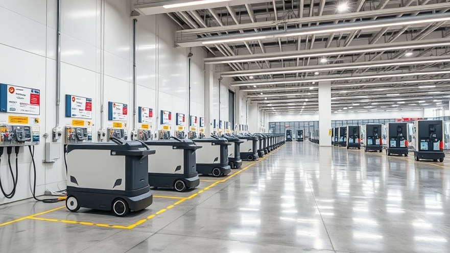 High-tech commercial facility equipment room featuring organized charging stations and safety infrastructure for lithium-powered devices.