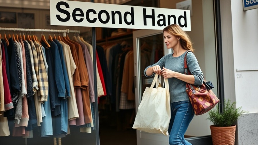 Woman leaving a thrift store with eco-friendly bags full of vintage clothing.