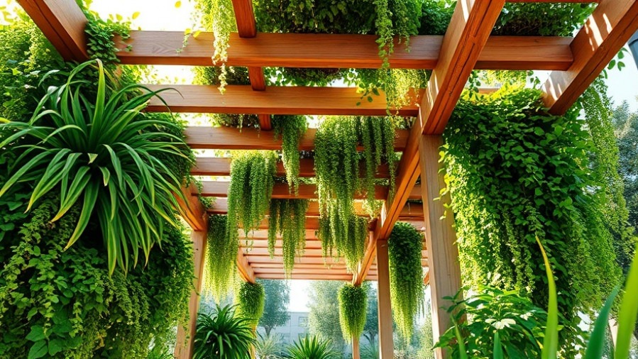 Vibrant vertical garden on a modern pergola, showcasing eco-friendly materials.