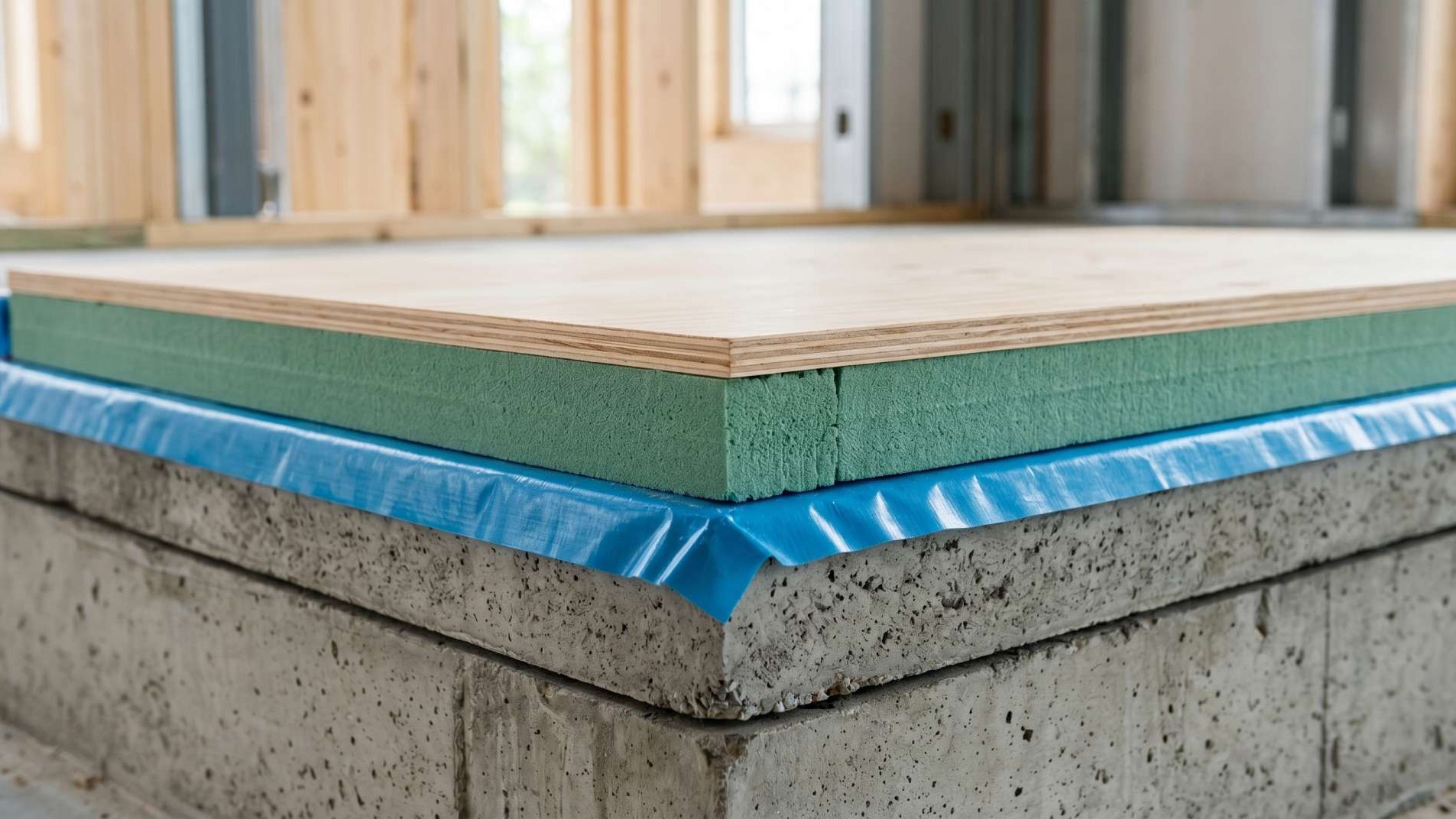 A detailed close-up of the insulation and moisture barrier layers beneath a floating plywood floor.