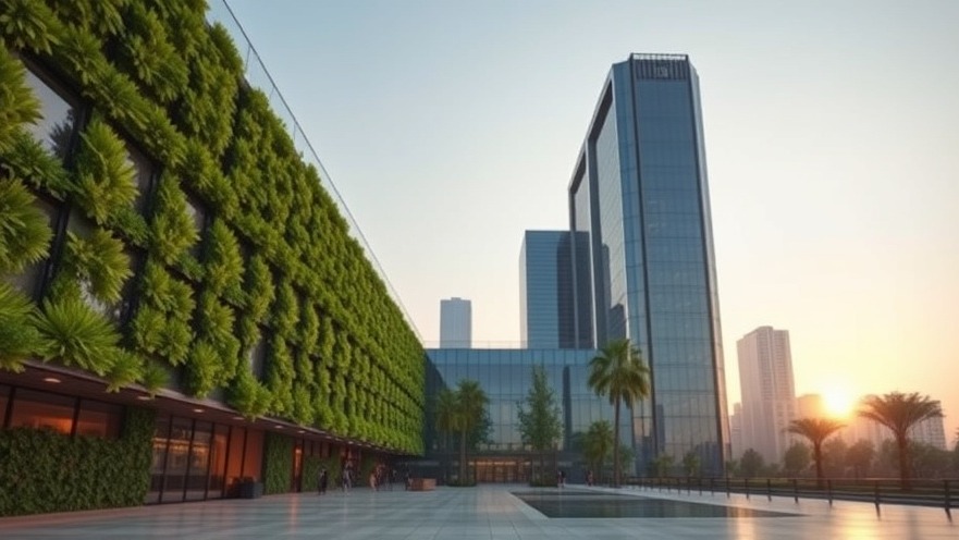 A photorealistic wide-angle exterior view of an eco-friendly sustainable commercial skyscraper featuring architectural vertical gardens at sunrise.