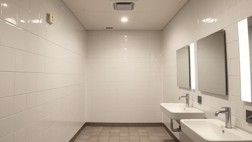 Shiny white hygienic wall cladding in a modern public bathroom promoting energy efficiency.
