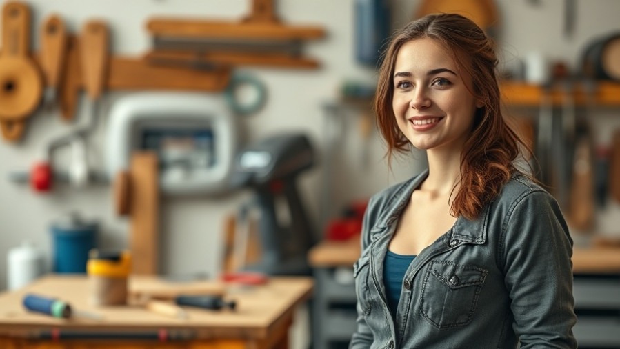 Young woman in a vibrant workshop promoting sustainable home design and eco-friendly practices.