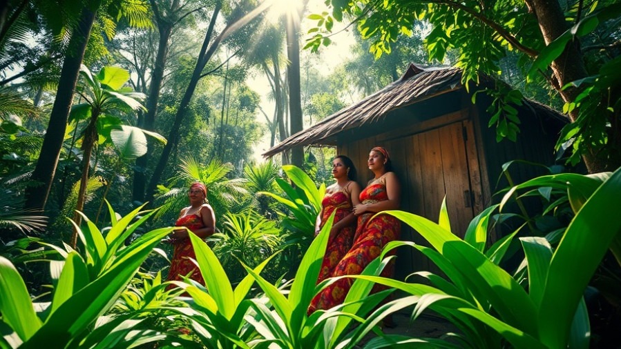 Women in colorful attire embodying sustainable tourism in an Amazon village, surrounded by lush rainforest.