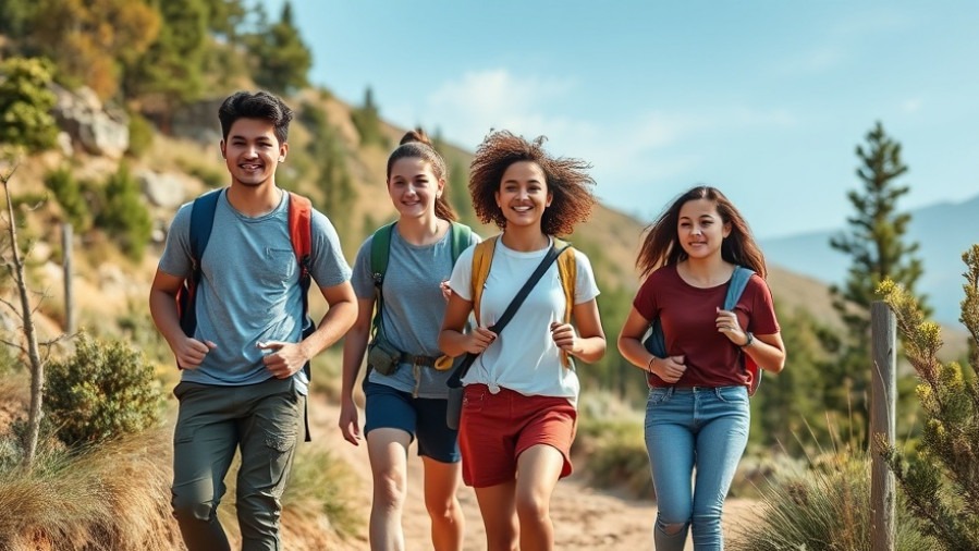 Young students exploring eco-friendly gardening practices on a natural hiking trail.