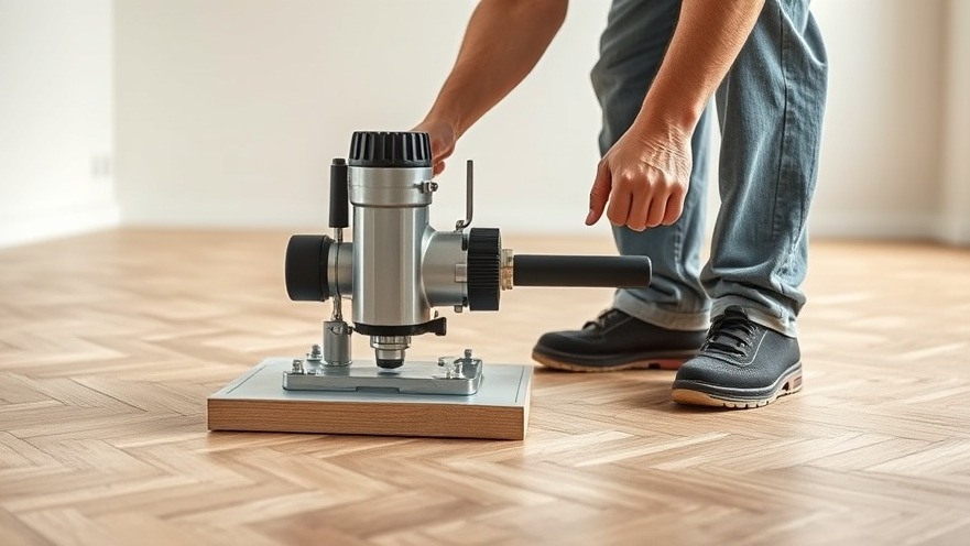 Precision milling cutter tool cutting a clean border edge on an oak herringbone wood floor plank during installation.