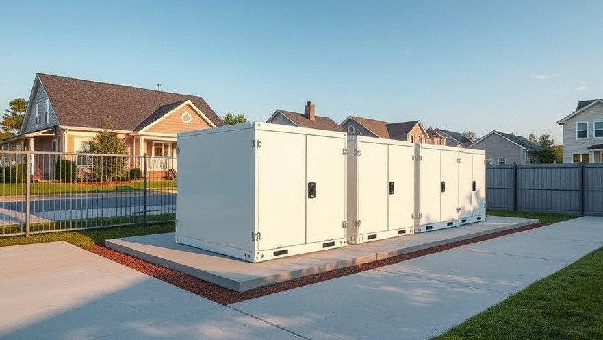 Industrial white Tesla battery packs installed on a concrete pad near a neighborhood to provide clean backup power grid resilience.