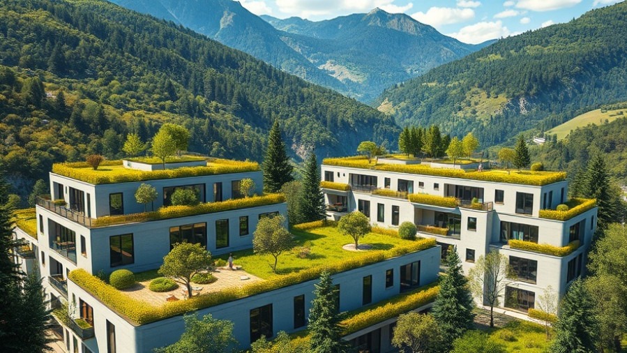 Modern sustainable home design with green roofs, surrounded by lush mountains.