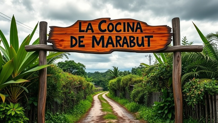 Rustic sign 'La Cocina De Marabut' on a tropical farm, embodying sustainable farming in the Philippines.