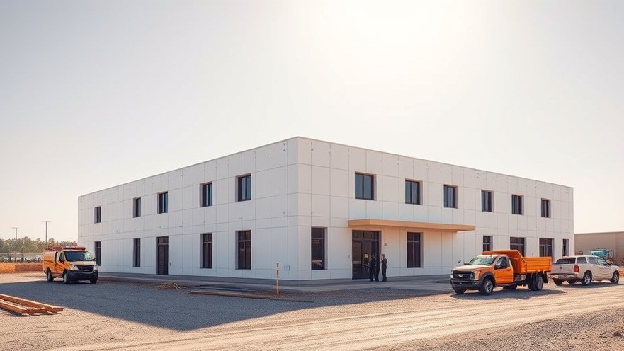 A modern commercial building envelope constructed with structural insulated panels under a clear morning sky.