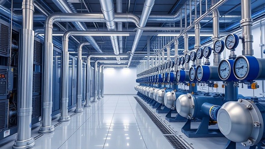High-density commercial data center cooling system with chilled-water pipes and real-time operational monitoring equipment.