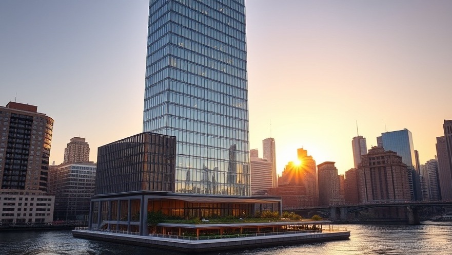 A photorealistic wide-angle architectural exterior view of the 55 Water Street skyscraper in Lower Manhattan featuring the green Elevated Acre plaza during sunrise.