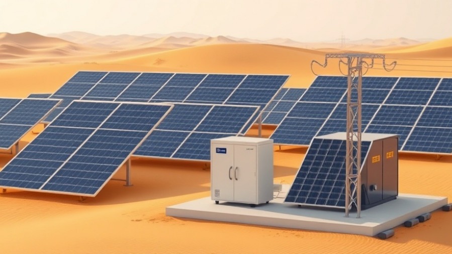 Solar panels and energy storage system in UAE desert, showcasing clean energy solutions.