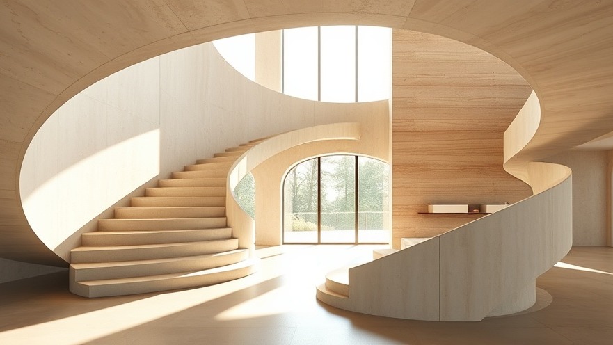 A stunning minimalist helical staircase crafted from smooth light-beige cast concrete inside a sunlit luxury home.