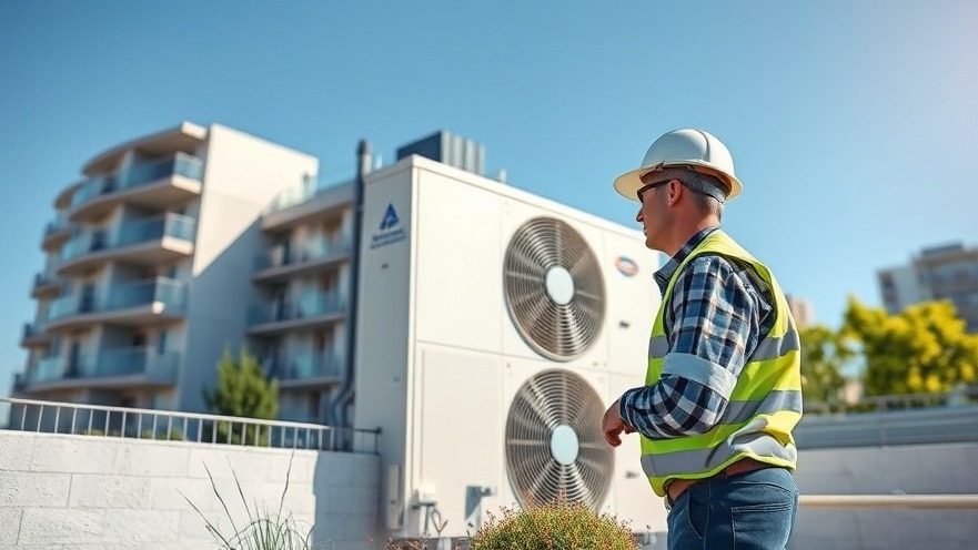 Engineer inspecting modern commercial heat pump for tenant improvement tracking.