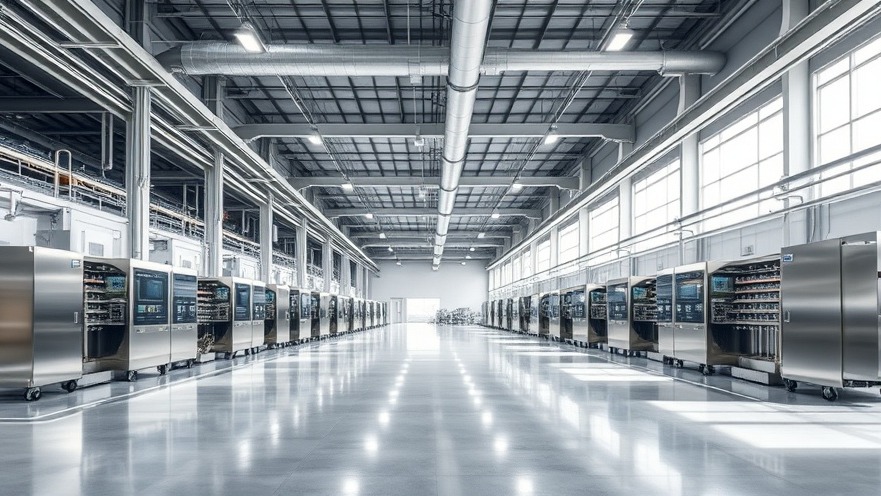 Advanced automated industrial food manufacturing facility interior featuring clean stainless steel production lines and heavy duty ventilation infrastructure.