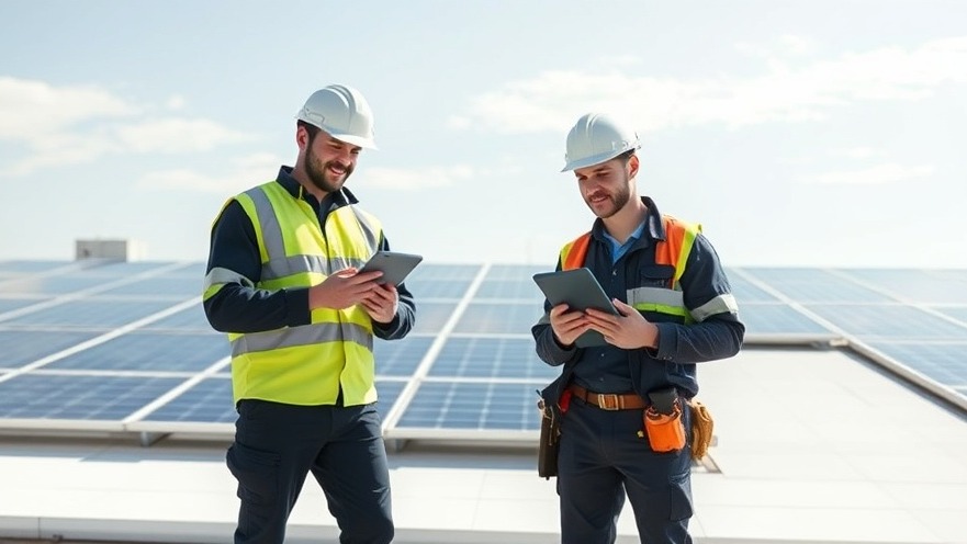 Commercial solar installation field service team using digital tablet platforms for software tech stack operations on a modern facility roof.
