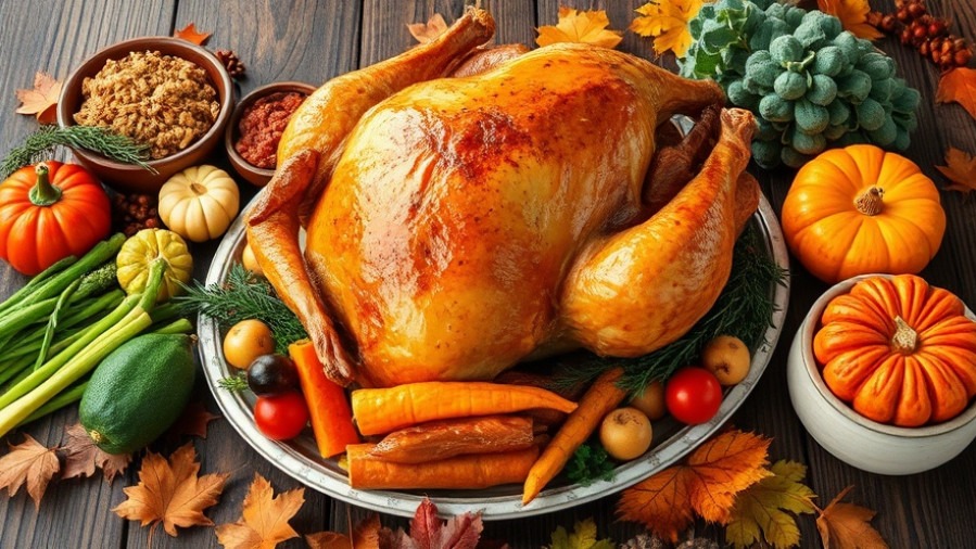 Vibrant Thanksgiving dishes featuring plant-based alternatives and organic turkey options.