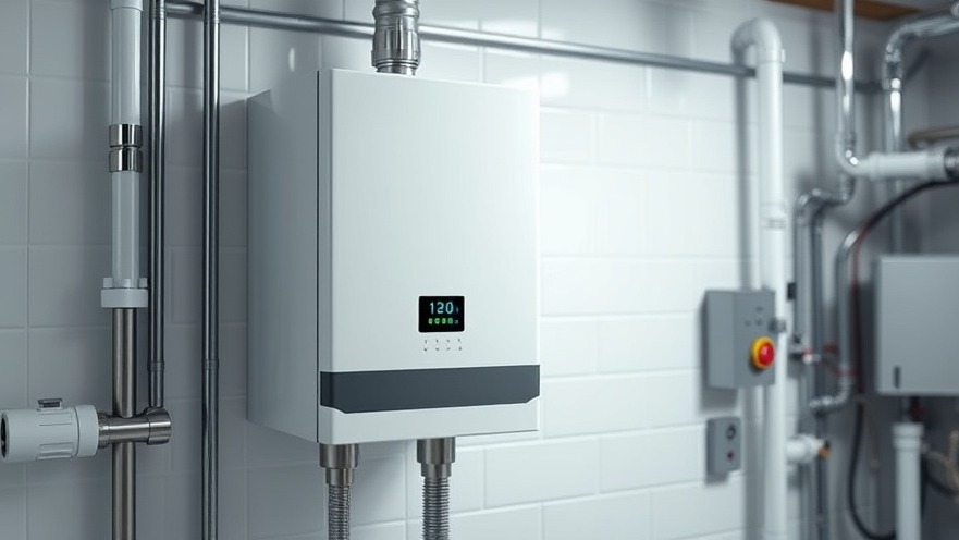 modern industrial mechanical room with wall-mounted a o smith adapt commercial condensing tankless water heater displaying digital status screen