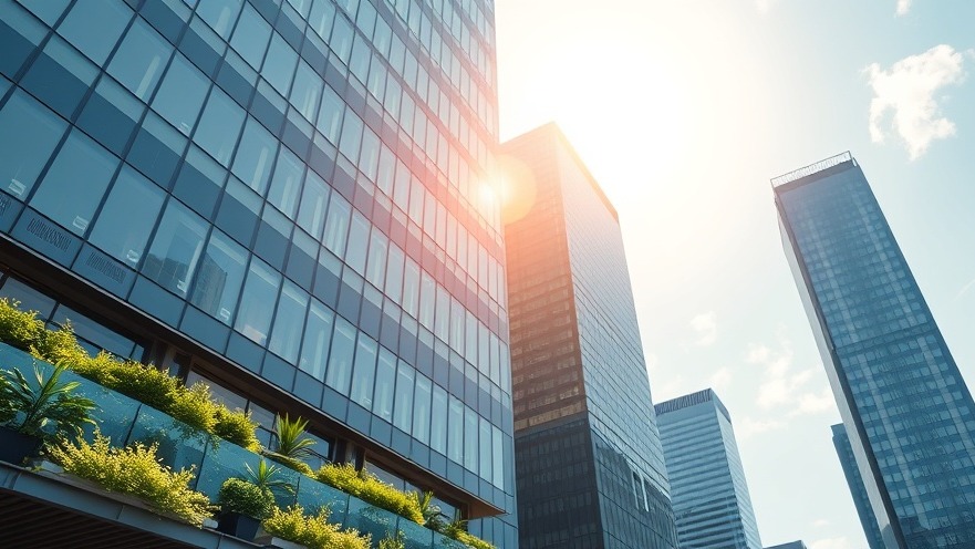 High-angle sustainable architectural view of a modern commercial real estate high-rise showcasing green building engineering and energy-efficient design.