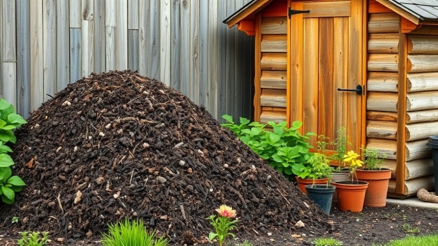 Colorful compost pile beside a shed, showcasing water-wise gardening with native plants.