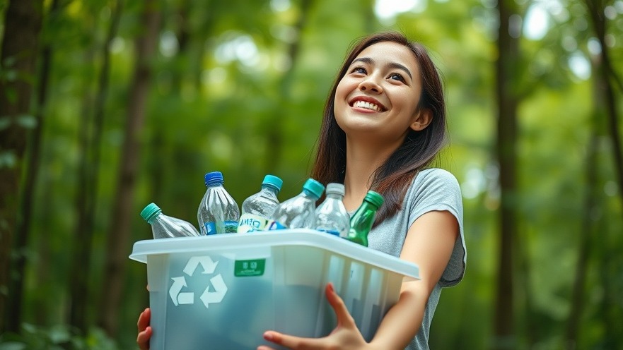 Smiling woman in a forest with recycling box, promoting sustainable tourism and waste reduction.